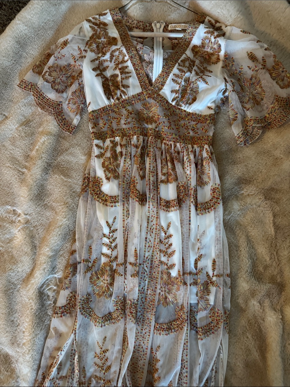 White Embroidered Maxi Dress with Gold-Brown Floral Detail